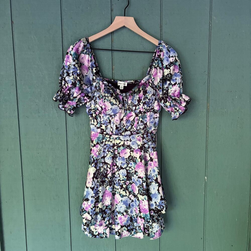 Coquette Corset Floral Puff Sleeve Tiered Mini Dress Sz S Romantic Cottagecore - Picture 2 of 7